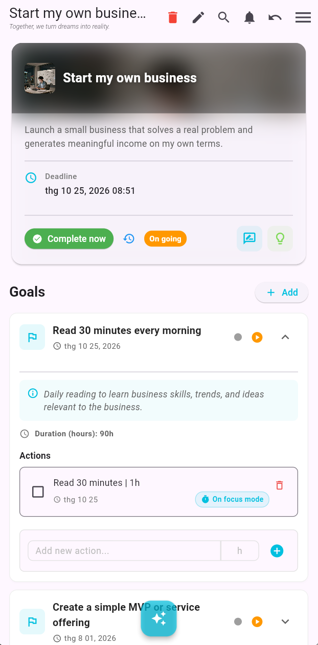 TheXinA goals and actions screen